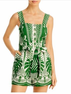 FARM Rio Green and White Tropical Print Belted Romper